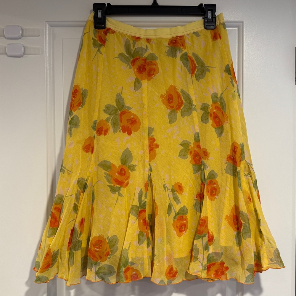 Free People Vintage 100% Cotton Yellow Floral Knee Length Skirt Women's Size M